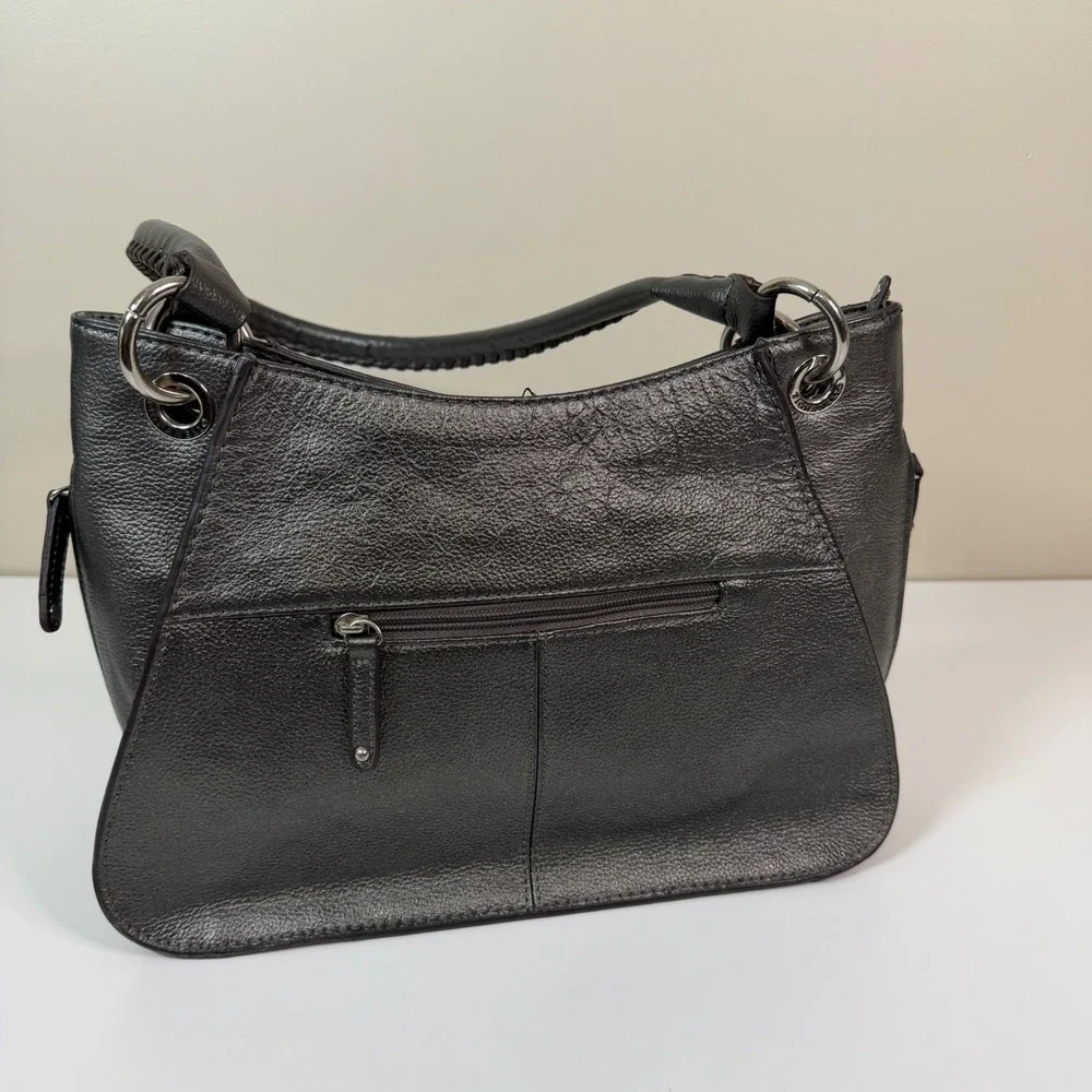 Tignanello Metallic Silver Pebbled Leather Shoulder Bag w Braided Handles Boho